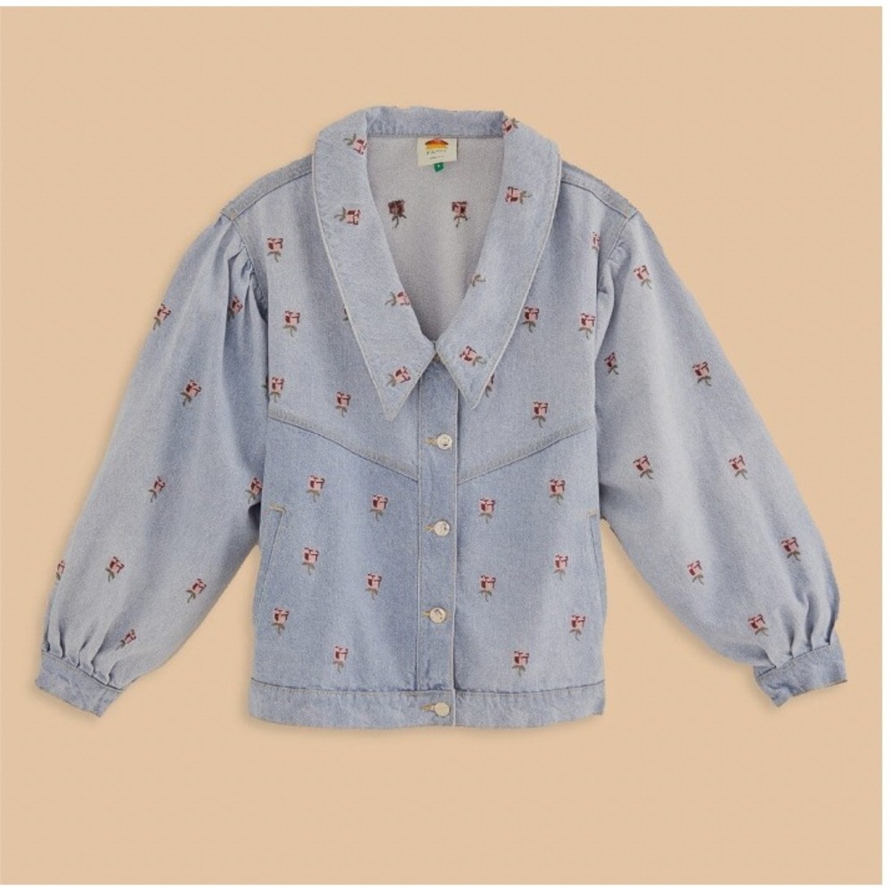 Farm Rio Light Wash Denim Embroidered Rose Puff Sleeve Jacket XL NEW